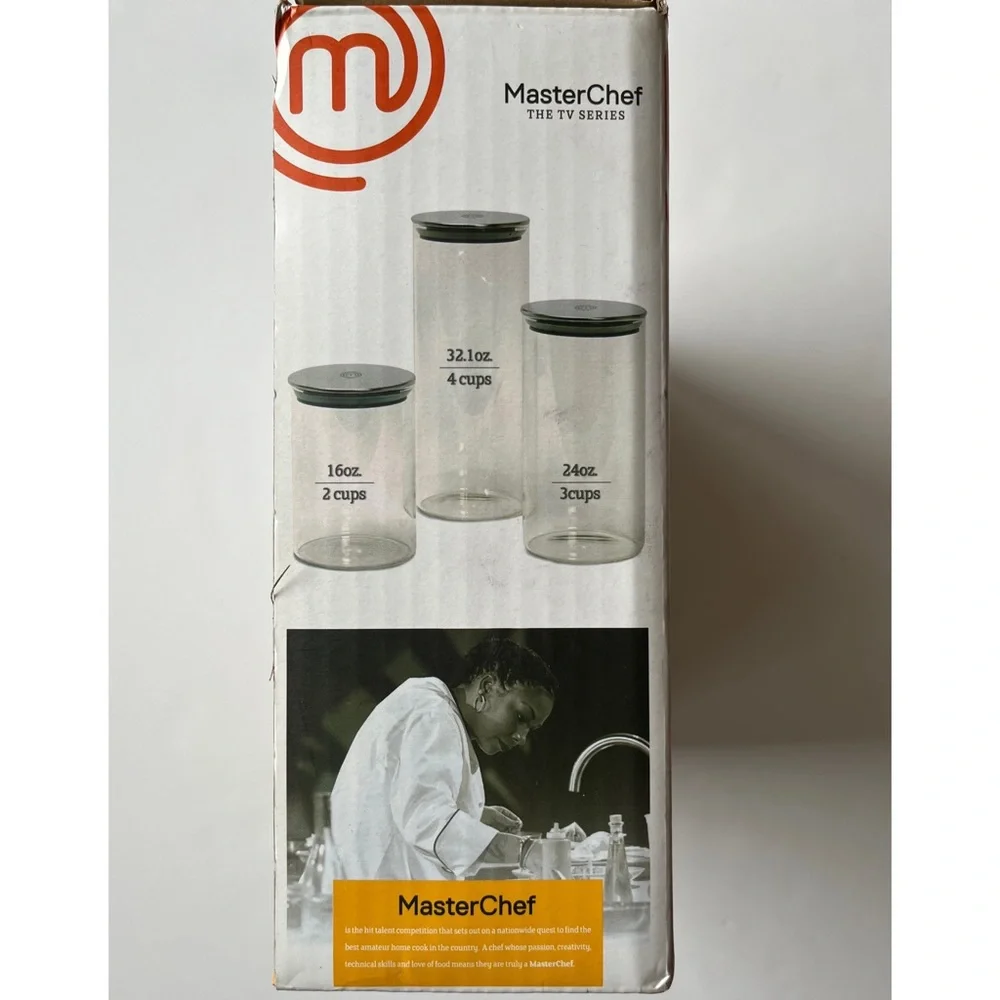 MasterChef 3 Pc Glass Canister Set TV Series Stainless Steel Lids 16 24 32 oz